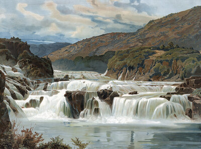 Krka waterfalls, Krka National Park is located in southern Croatia. Krka, Croatia, known for its 7 waterfalls, flows through it, authentic reproduction of a school mural, historic, around 1900