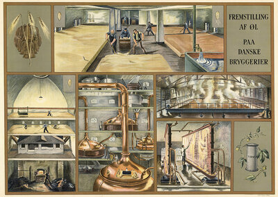 Traditional craft, beer production in a brewery in Denmark, 1930, illustration, reproduction from a model from the 19th century. Authentic, file restored for optimal use, exact date of submission unknown, historical