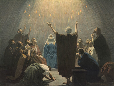 Scene from the biblical story, Peter's Pentecost sermon, is considered the founding event of the Christian Church. After the outpouring of the Holy Spirit, Peter appears in front of an international crowd in Jerusalem to explain what happened and proclaim