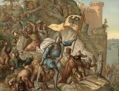 In 1155, Otto VI of Wittelsbach, later known as Duke Otto I of Bavaria, saved the imperial army under Frederick I Barbarossa in the Verona cloister, school picture, authentic reproduction of a school wall painting, around 1911, exact date unknown, histori